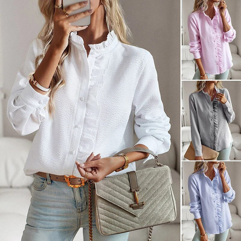Elvira | Bluse med rysjer og knapper